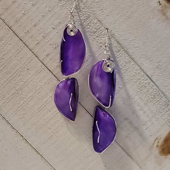Upcycled Purple Shell Dangle Earrings - Picture 2 of 3